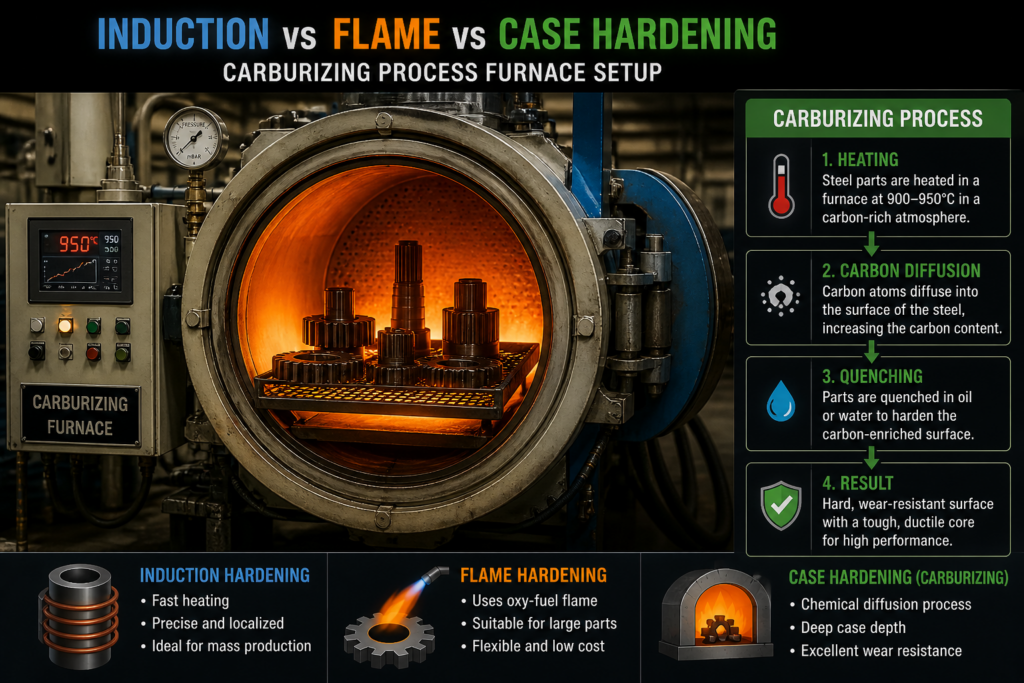 Induction vs Flame vs Case Hardening carburizing process furnace setup