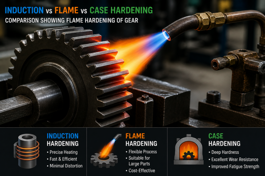 Induction vs Flame vs Case Hardening comparison showing flame hardening of gear