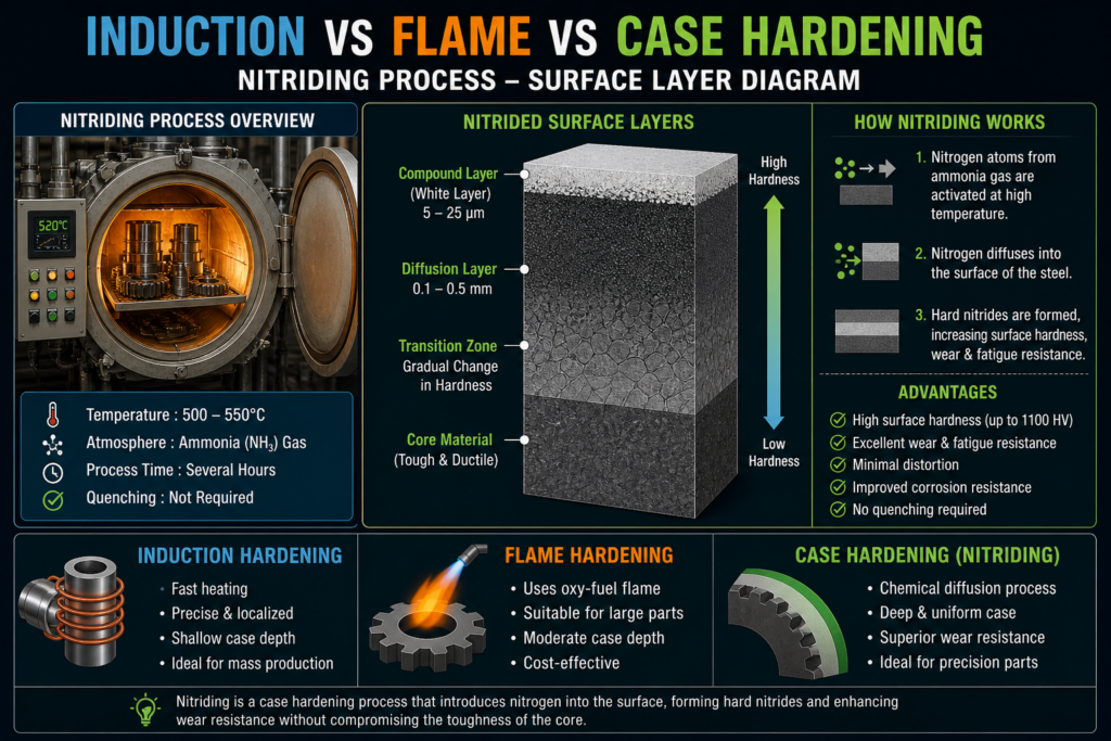 Induction vs Flame vs Case Hardening nitriding process surface layer diagram