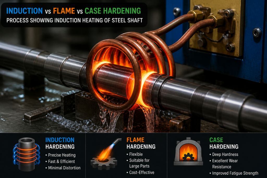 Induction vs Flame vs Case Hardening process showing induction heating of steel shaft
